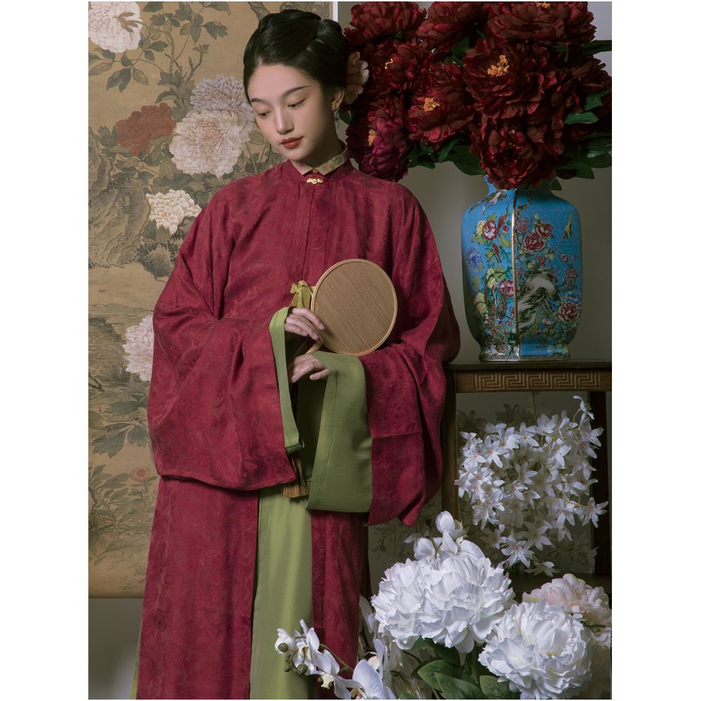 Poetry shoulder slim transparent vertical collar straight sleeves Tencel dark patterned jacquard long shirt ten mile spring breeze silk horse face image 3