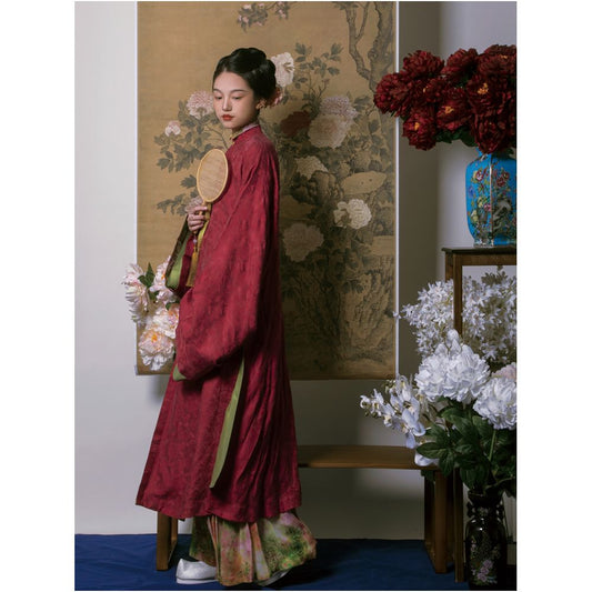 Asaya531  - Poetry shoulder slim transparent vertical collar straight sleeves Tencel dark patterned jacquard long shirt ten mile spring breeze silk horse face
