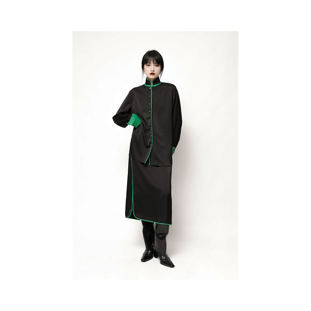 APOZi green series unisex black new Chinese style stand up collar shirt for women s autumn and winter new design sense top image 3