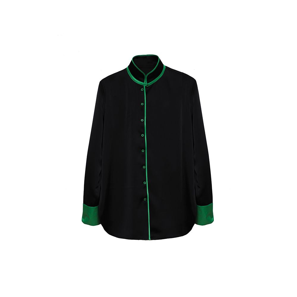 APOZi green series unisex black new Chinese style stand up collar shirt for women s autumn and winter new design sense top image 5