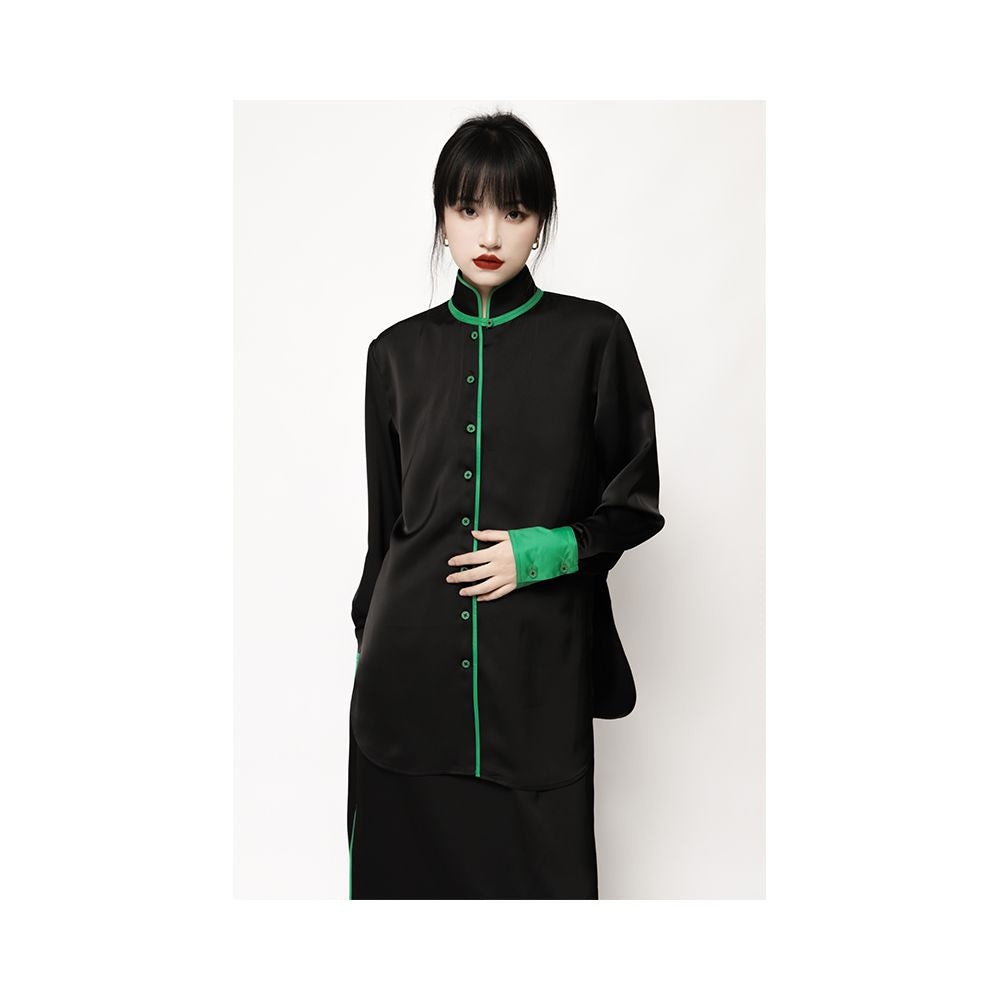 APOZi green series unisex black new Chinese style stand up collar shirt for women s autumn and winter new design sense top image 12