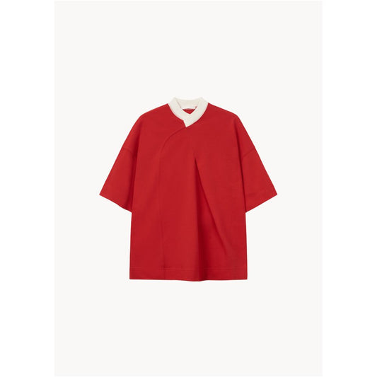 Asaya465 - STUDIO YI AN Chinese style stand up collar red curved T shirt for both men and women summer loose short sleeved shirt