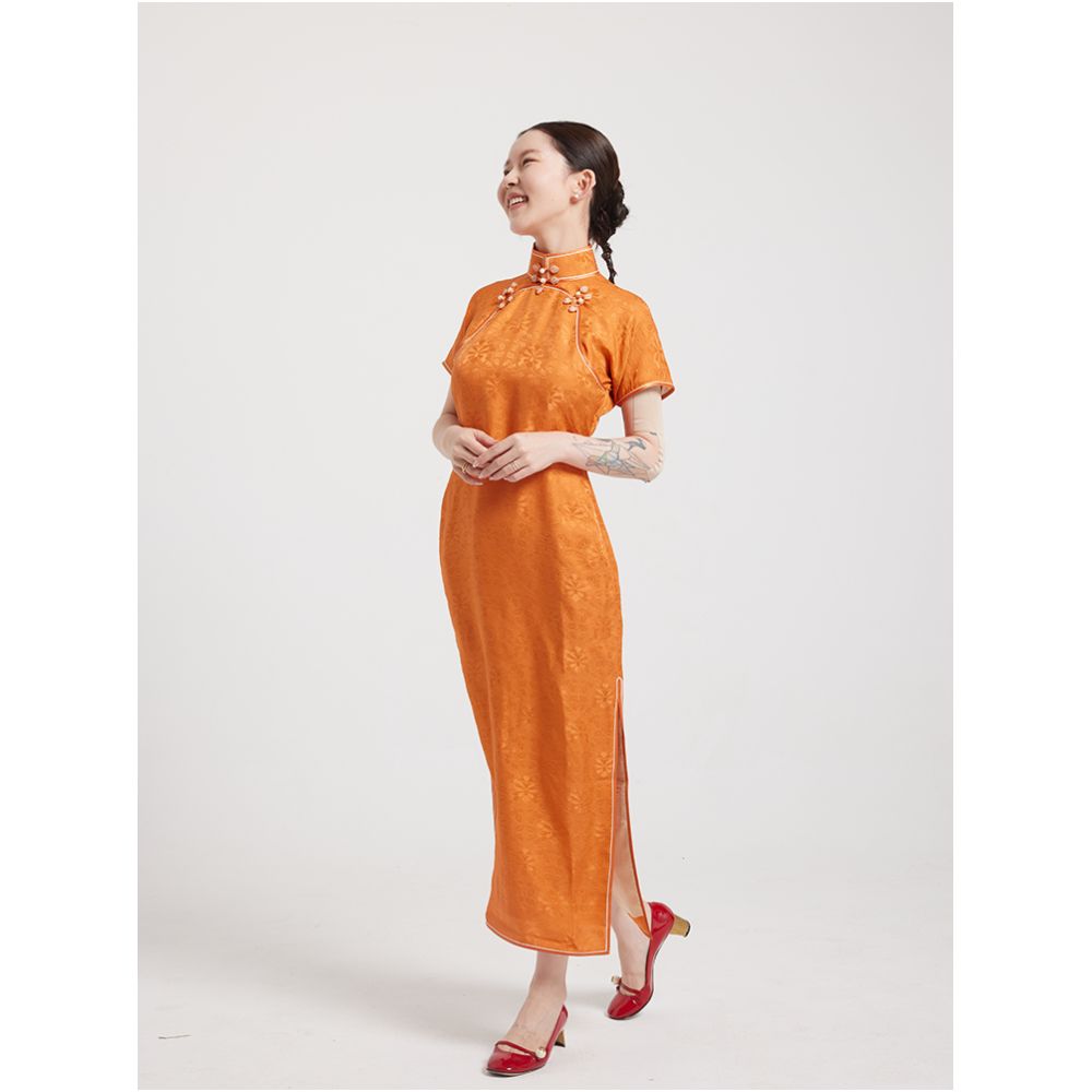 Original by Wang Antian Flower Luo Ancient Method Flat Cut Flat Collar Fully Open Collar Fully Concealed Silk Orange Retro Long Cheongsam image 1