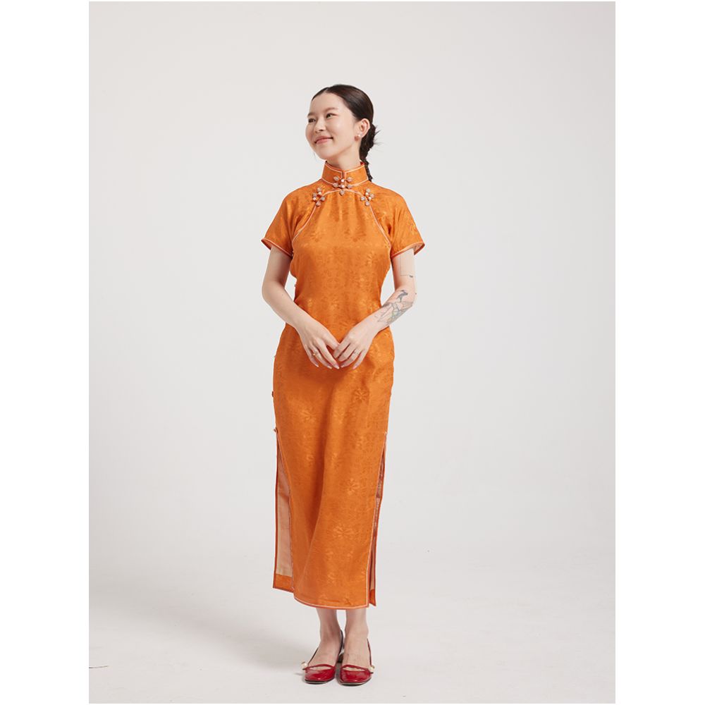 Original by Wang Antian Flower Luo Ancient Method Flat Cut Flat Collar Fully Open Collar Fully Concealed Silk Orange Retro Long Cheongsam image 2