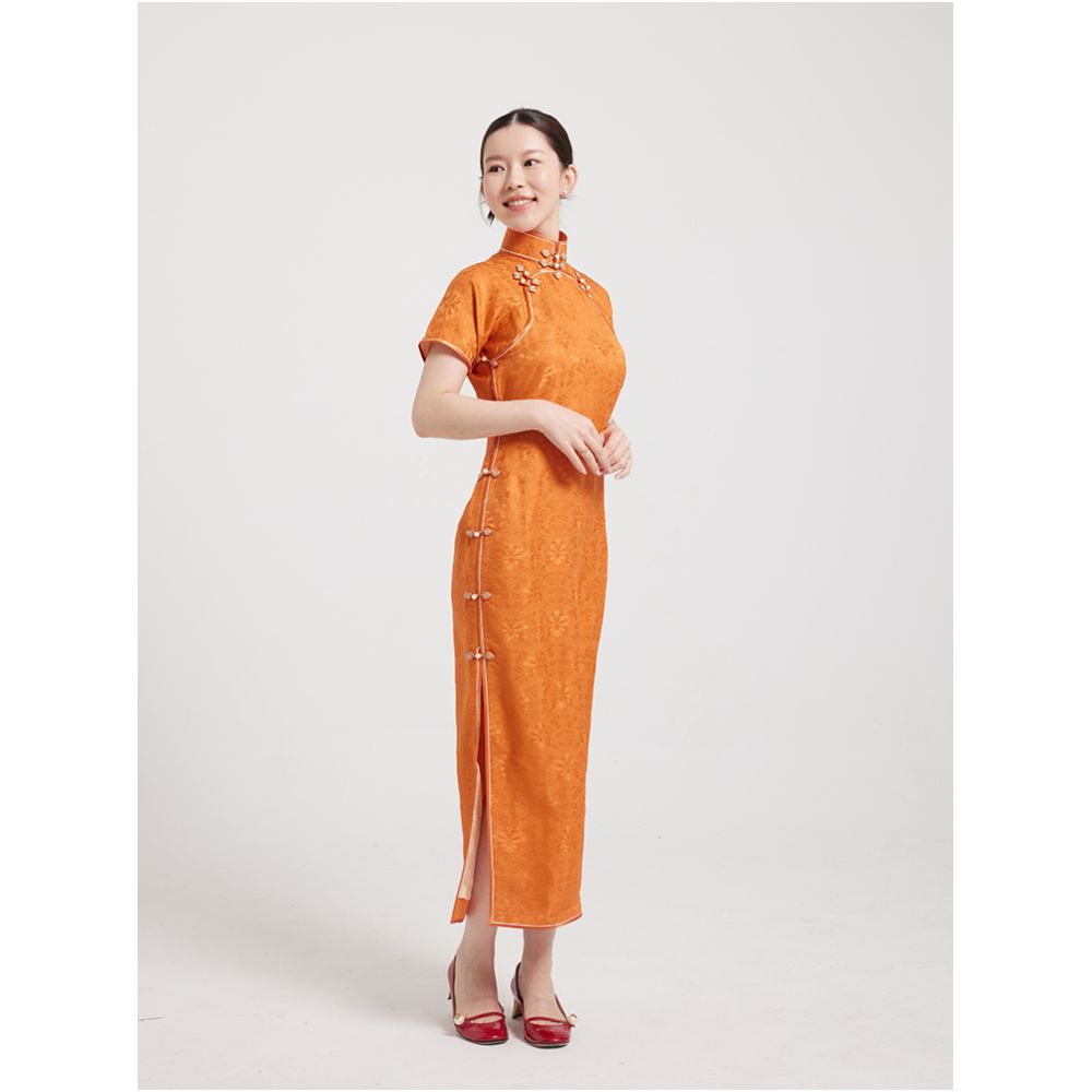 Original by Wang Antian Flower Luo Ancient Method Flat Cut Flat Collar Fully Open Collar Fully Concealed Silk Orange Retro Long Cheongsam image 3
