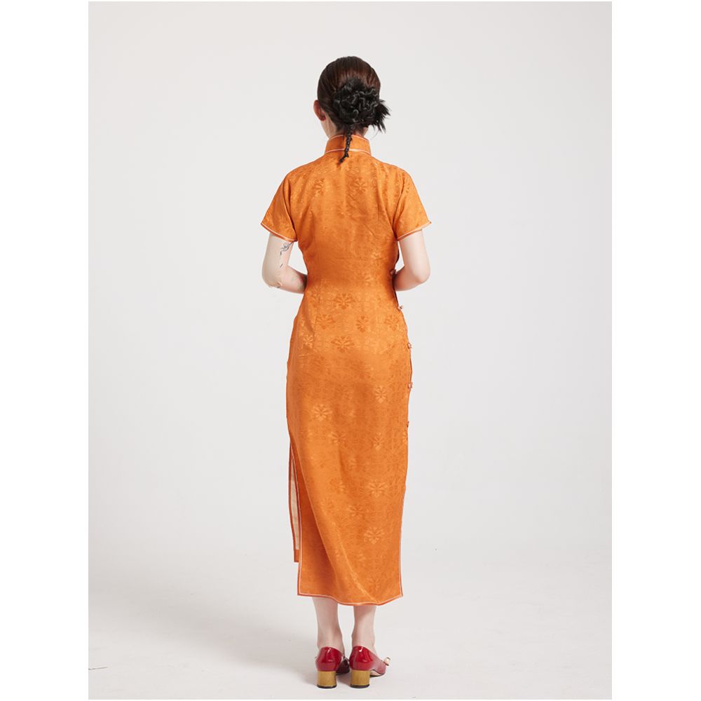 Original by Wang Antian Flower Luo Ancient Method Flat Cut Flat Collar Fully Open Collar Fully Concealed Silk Orange Retro Long Cheongsam image 5