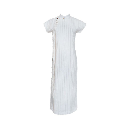 Asaya460 Original Qipao by Wang Futian Zen inspired imported linen handmade tassel long sleeveless ancient style qipao