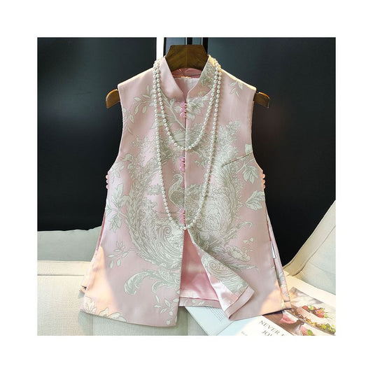 Asaya458 - Yellow Retro Chinese Vest Women s Autumn Dress Improved Cheongsam Jacquard Silk Slimming Tank Top Camry Shoulder Chinese Style Tang Dress