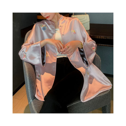 Asaya449 - New Chinese style artistic retro loose jacket acetate satin with double sided puncture embroidery Tang style Hanfu spring outer outfit women s top
