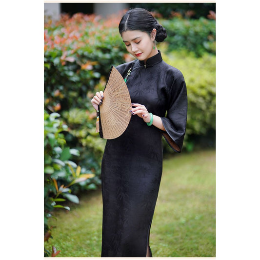Asaya440 - Inverted large sleeve cheongsam for young girls 2025 new style fragrant cloud gauze black one piece ancient style full open front cheongsam