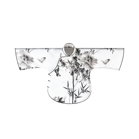 Asaya433 - Ink Fragrance Spring and Autumn Silk Mulberry Silk Ink Printing Chinese Retro Republican Style Inverted Big Sleeve Top for Women Short