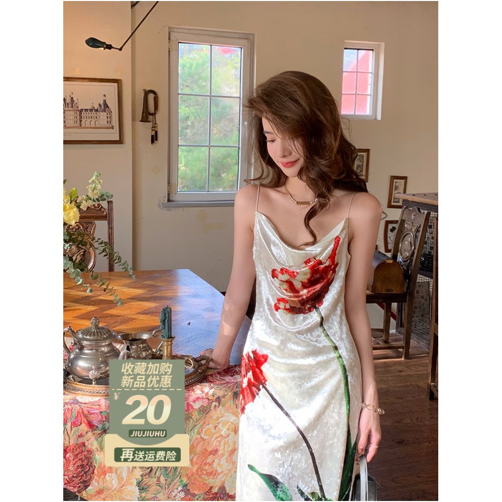 French collar velvet camisole dress for women in autumn 2023 light and mature style with a unique waist closure and floral print long skirt image 0