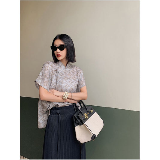 Asaya401 - Silk Chinese style top for women retro Chinese style handmade buckle new Chinese style shirt short sleeved top mulberry silk T