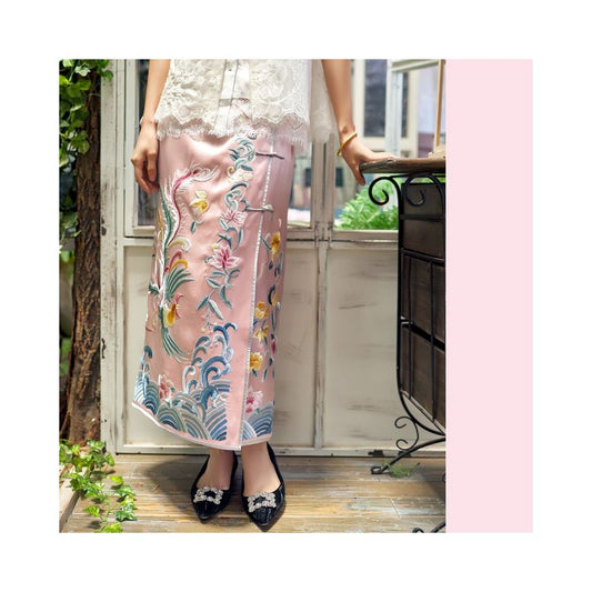 Asaya388 -  Spring and Autumn Heavy Industry Phoenix Embroidery Delicate Pink Chinese Half body Hip Wrapping Skirt Long Skirt Four Seasons