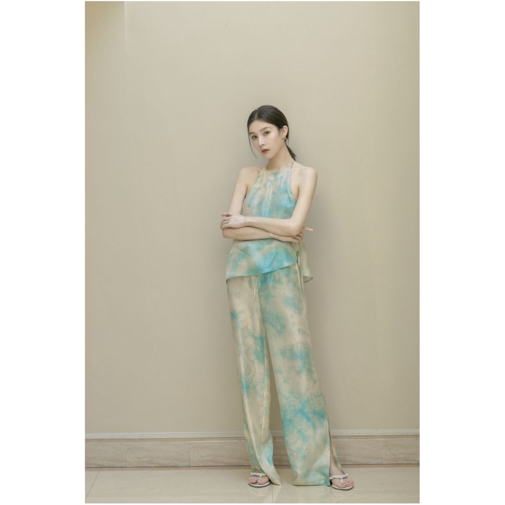 SAKINAWANG 2021SS Summer Original Design Silk Tie Dyeing Drawstring Split Casual Wide Leg Pants Long Pants image 0