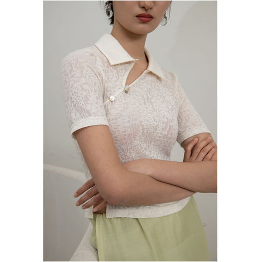 Asaya356 -  Blue Dot Original Designer Chinese style placket slim fit knitted hollow short sleeved T shirt