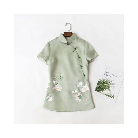 Asaya346 - Chinese style silk embroidery short sleeved women s Chinese style jade button green horseclip slim fit short top T shirt women s clothing