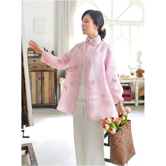 Asaya339 - Silk Eugen Yarn Lantern Sleeves with Western Style New Chinese Retro Embroidery Anti Spring and Summer