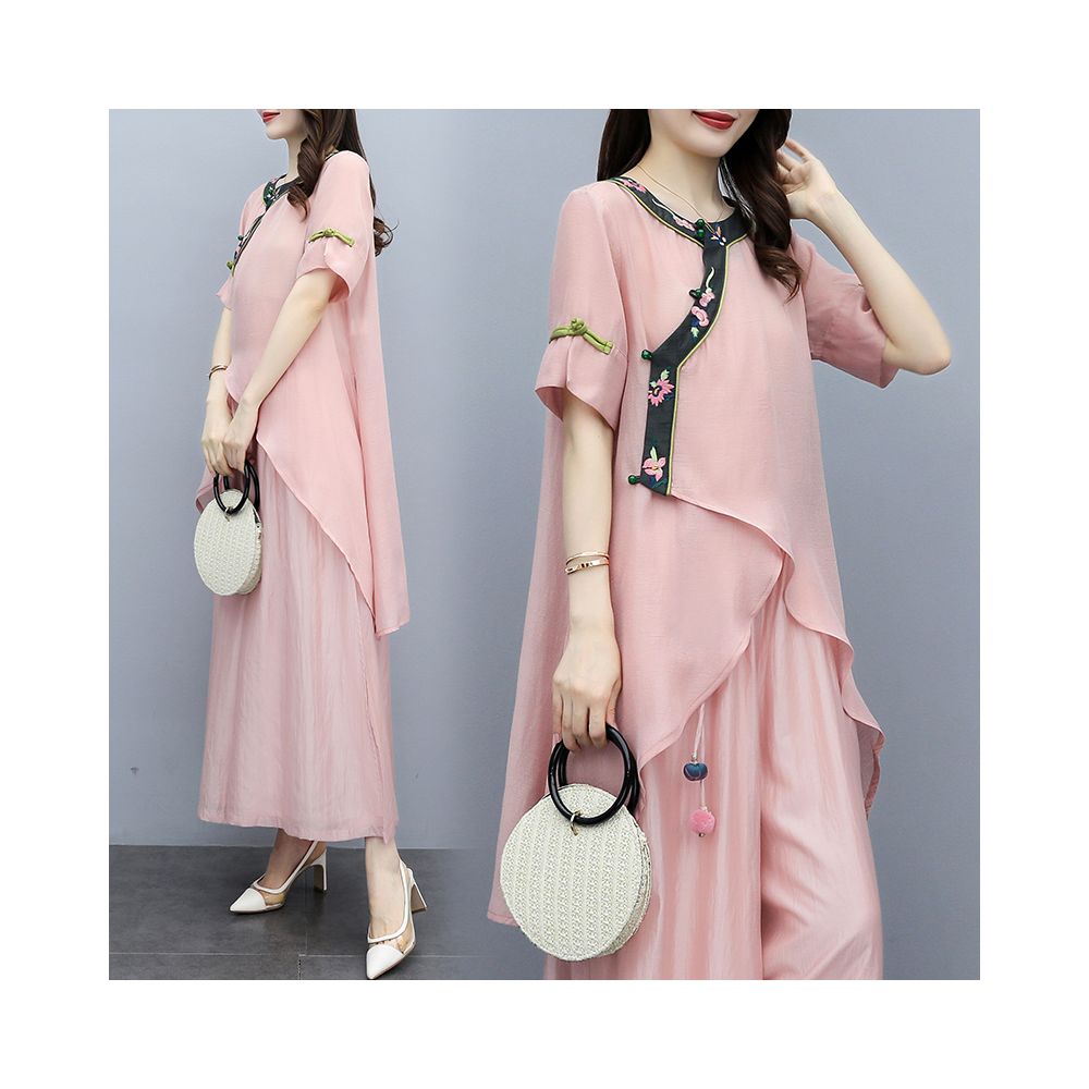 2025 Summer New Women s Clothing Pink Embroidered New Chinese Mother s Clothing Two Piece Set Wide Leg Pants Set Fashion Set image 3