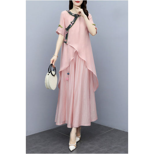 Asaya337 - New Women s Clothing Pink Embroidered New Chinese Mother s Clothing Two Piece Set Wide Leg Pants Set Fashion Set