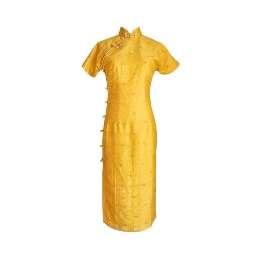 Asaya332 - Original creation by Wang Antian Ancient method of Tian silk real collar active buckle handmade high set cheongsam ginger yellow highlighted white