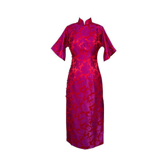 Asaya331 - Wang Nitian s original cheongsam Silk jacquard brocade palace pink wedding toast dress with open front and large handmade sleeves