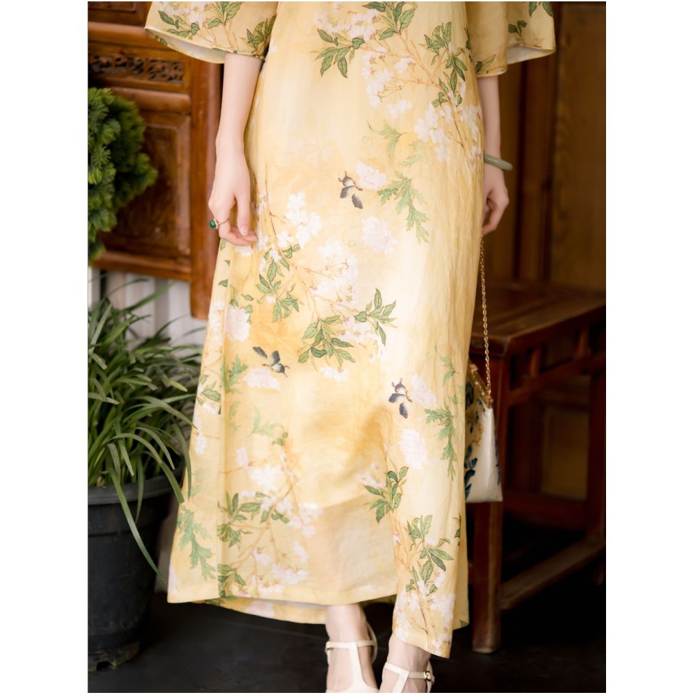 Spring shirt dyeing One city style fluff Chinese Republican style daily lazy and loose collarless cheongsam skirt with large inverted sleeves original image 3