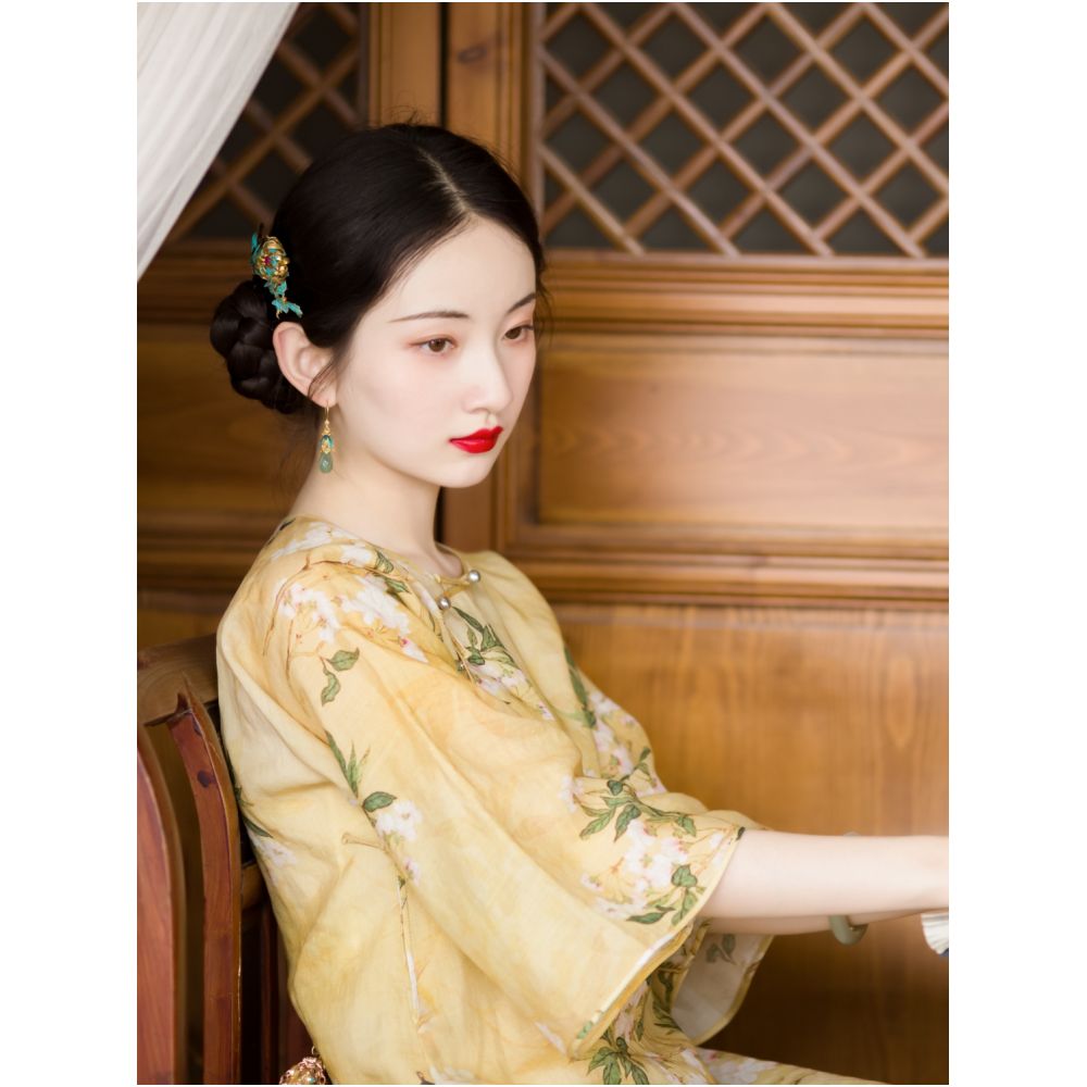 Spring shirt dyeing One city style fluff Chinese Republican style daily lazy and loose collarless cheongsam skirt with large inverted sleeves original image 4