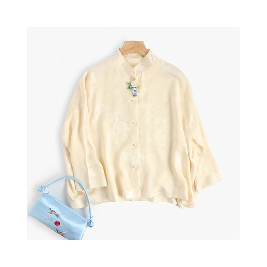 Asaya317 -  silk flower Luo double breasted shower head jade button top spring and autumn jacket