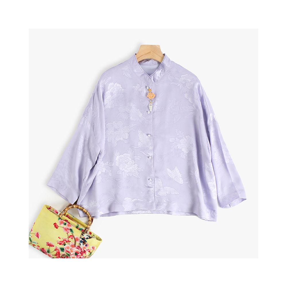 Asaya317 -  silk flower Luo double breasted shower head jade button top spring and autumn jacket