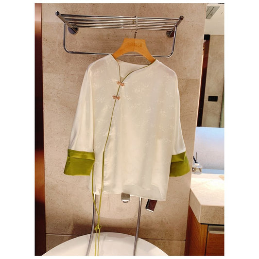 Asaya312 - Classical charm and national style Heavy duty acetate satin plate buckle jacquard shirt for women s new Chinese style top white K2913