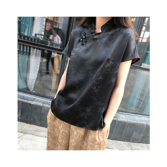 Asaya306 - Ice silk short sleeved cheongsam top for women in the summer of 2025 new Korean style loose Chinese style button silk cotton T shirt Tang style