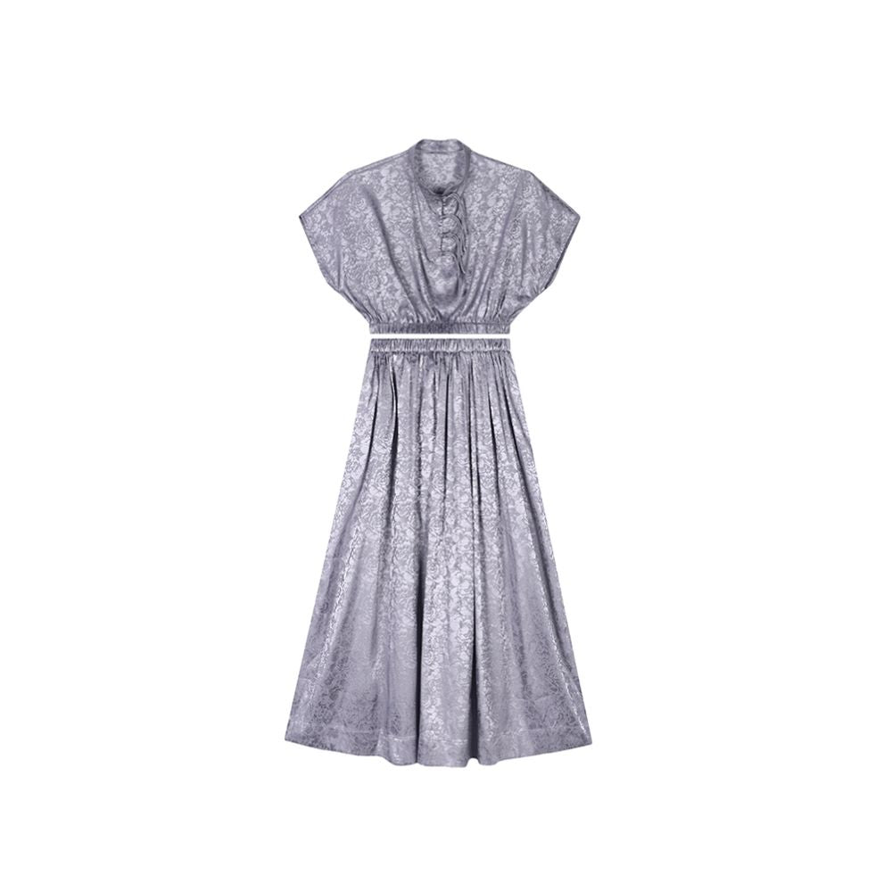 PaleBlueDot Summer Fashion Designer Silver Jacquard Buckle Stand up Collar Set Skirt image 3