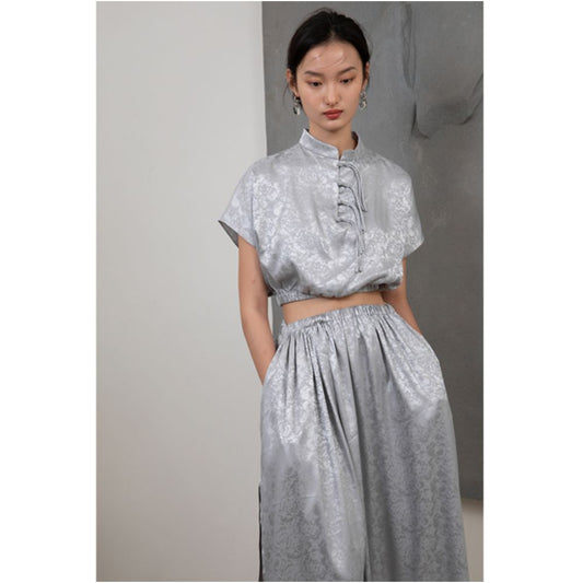 Asaya294 PaleBlueDot Summer Fashion Designer Silver Jacquard Buckle Stand up Collar Set Skirt