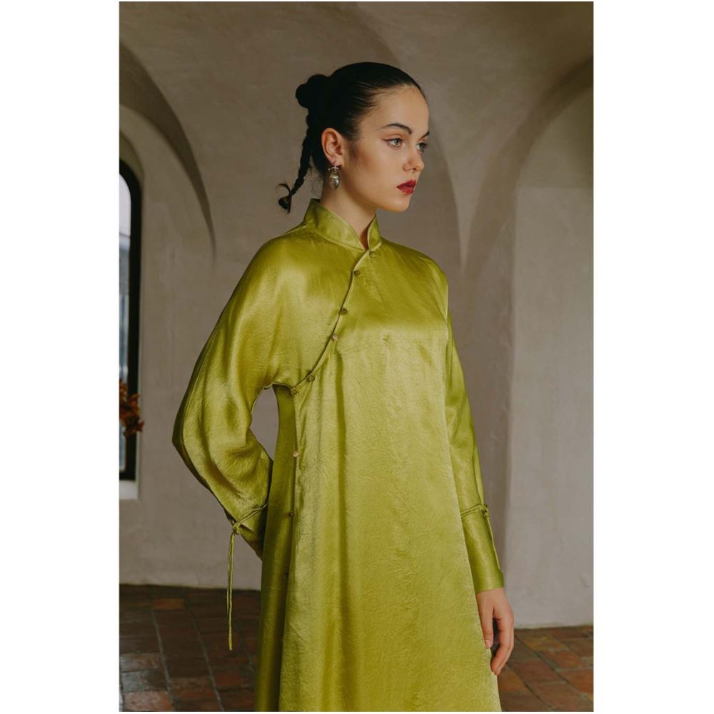 PaleBlueDot Blue Dot Acetic Acid Wrinkle New Chinese Retro Handmade Cheongsam Long Sleeve Dress for Women in Spring and Autumn image 2