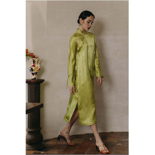 Asaya293 - PaleBlueDot Blue Dot Acetic Acid Wrinkle New Chinese Retro Handmade Cheongsam Long Sleeve Dress for Women in Spring and Autumn