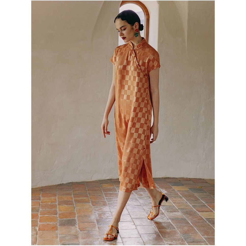PaleBlueDot Blue Dot New Chinese style Acetic Acid Checkerboard Dress Women s Summer Improved Handmade Cheongsam Skirt image 2