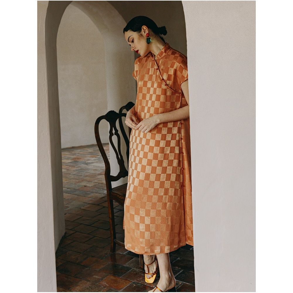 PaleBlueDot Blue Dot New Chinese style Acetic Acid Checkerboard Dress Women s Summer Improved Handmade Cheongsam Skirt image 4