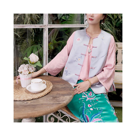 Asaya290 - Town Store Baby CPP951 Young New Chinese Round Neck Jade Buckle Retro Embroidery Flower Double breasted Vest Spring and Autumn Shoulder