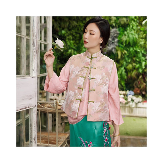 Asaya282 - New Chinese style magnolia slimming stand collar jade buckle vest for spring and autumn wear