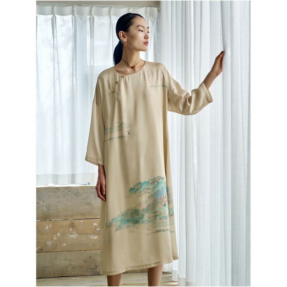 RECLUSE Shuihui New Chinese Style Green Landscape Dress Cheongsam Medium Long Dress Zen Dress 2025 New Style image 14