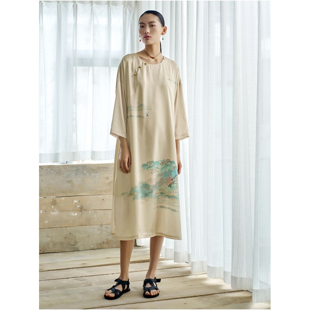RECLUSE Shuihui New Chinese Style Green Landscape Dress Cheongsam Medium Long Dress Zen Dress 2025 New Style image 15