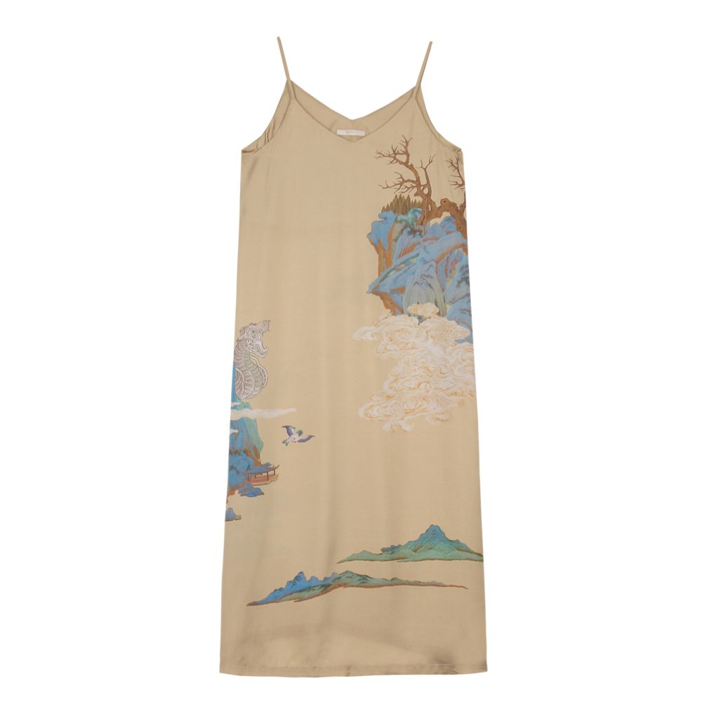 RECLUSE Yunshan Chinese style green mountain and water dress with retro print design V neck suspender mid length skirt image 5
