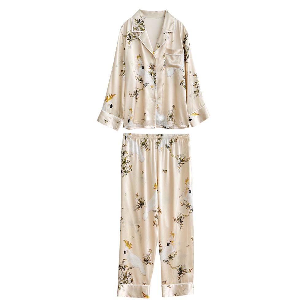 High quality goods 6A grade mulberry silk Temperament printed heavyweight silk sleepwear set for women s high end silk home wear image 5