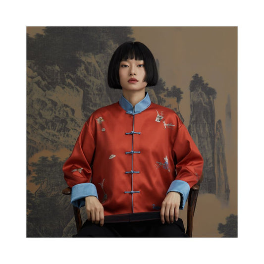 Asaya74 RECLUSE True New Chinese Positioning Printed Color Contrasting Satin Plate Buckle Vitality Improved Design Tang Short Coat
