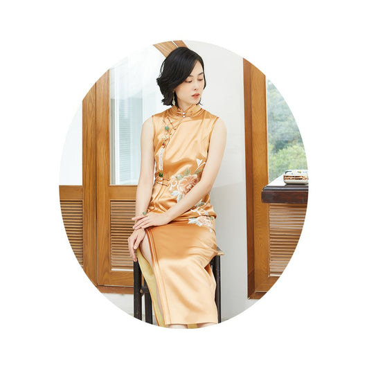 Asaya61 - Limited time loss clear AO060 In the Mood for Love Slim waist embroidery front slit double hem sleeveless embroidered cheongsam