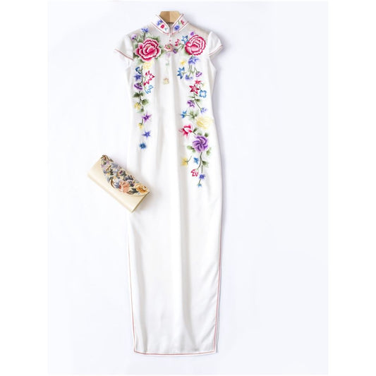 Asaya59 - Offline blood loss price QP010 original master craftsman handmade milk white organza silk embroidered cheongsam for women