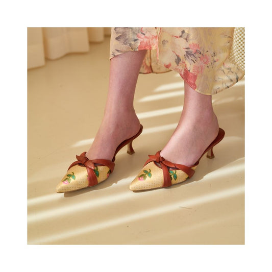 Asaya48 - Vintage Vintage Small Square Head Yellow Rose Original Embroidery Custom Fabric Antique Sheep Leather Shoes High End Edition