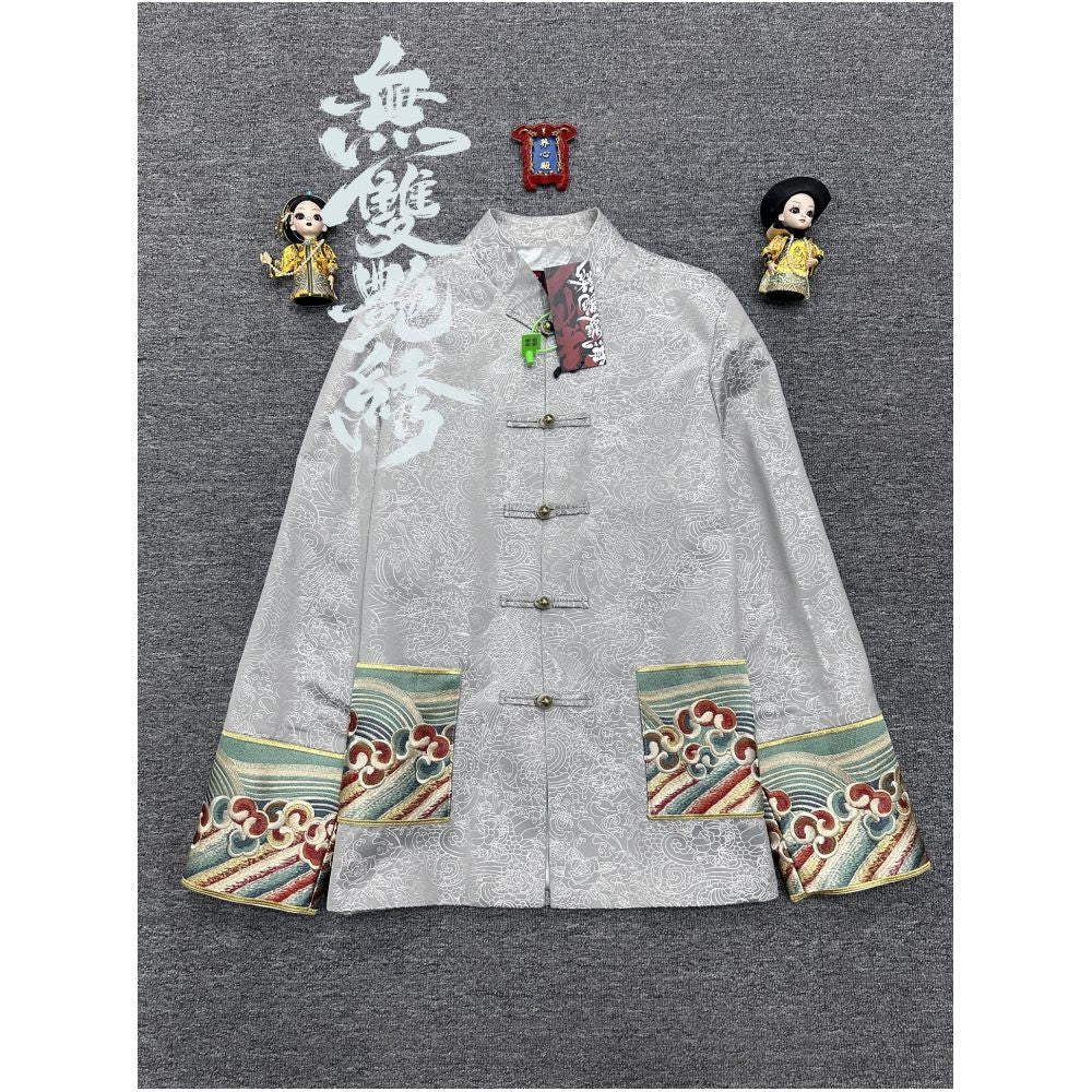China Chic unparalleled gorgeous embroidery original design retro buckle traditional Chinese Tang style carp jacquard embroidery men and women s coats image 12