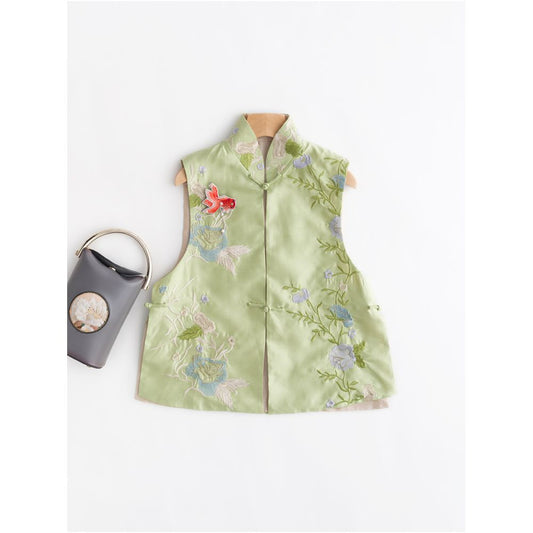 Asaya3 - Town Store Baby PCY505 New Chinese Embroidered Stand up Collar Pan Buckle Vest Chinese Retro Embroidered Cotton Vest Spring Autumn Winter